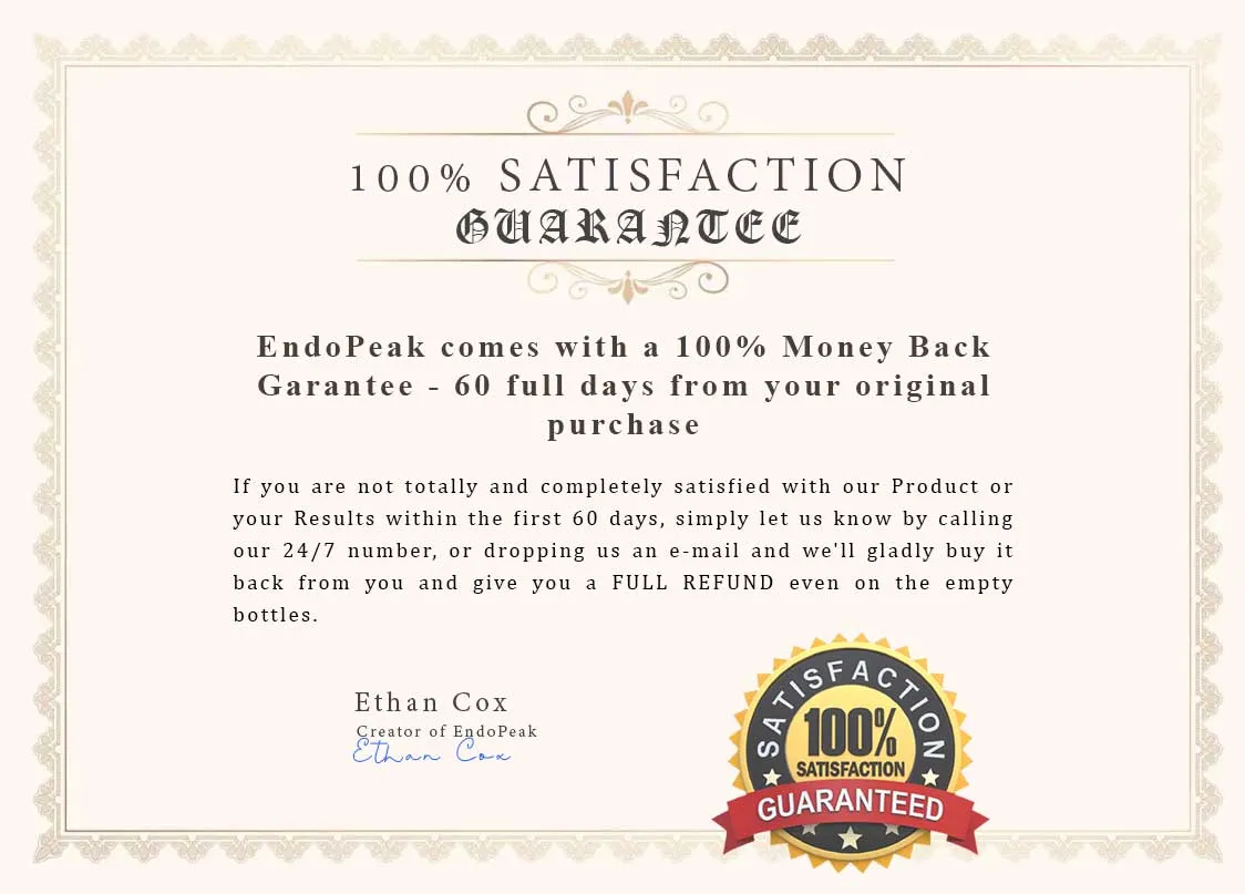 EndoPeak 60-day guarantee artwork EndoPeak seller guarantee artwork stating a 60-day money-back guarantee