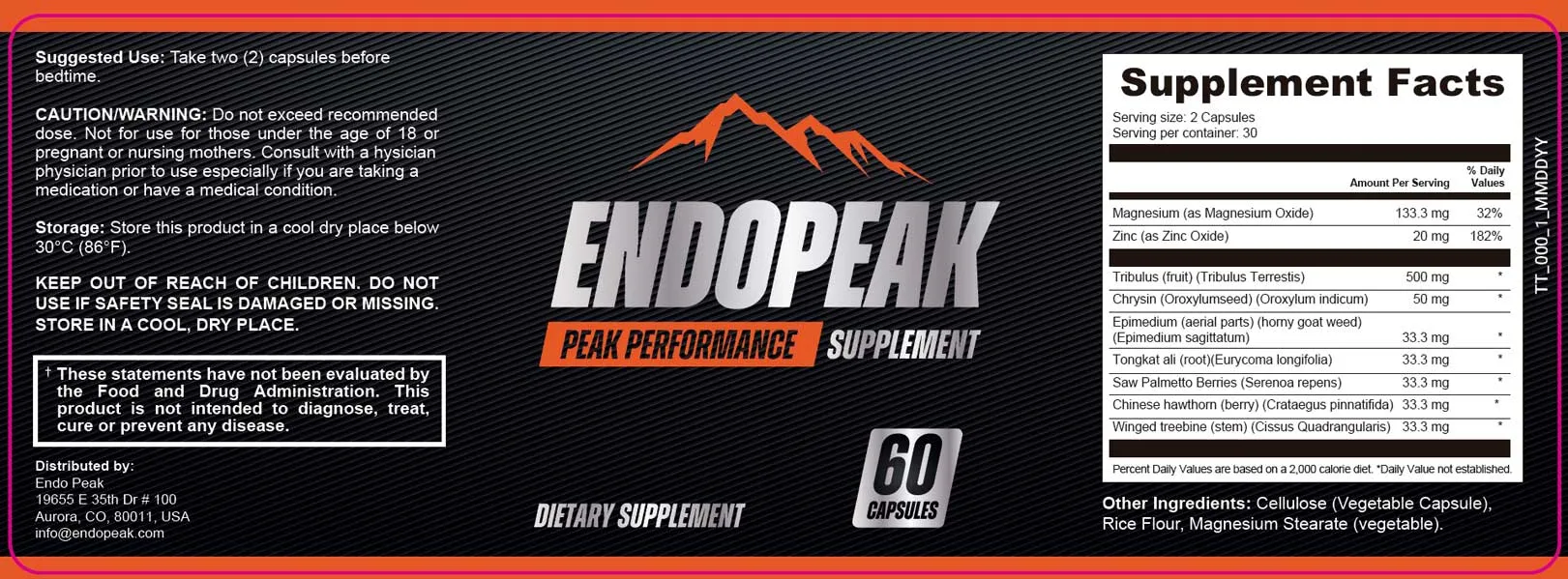 Full EndoPeak product label showing suggested use, caution, storage and Supplement Facts