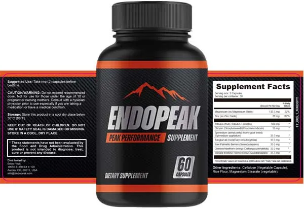 EndoPeak bottle shown with the product label and Supplement Facts panel